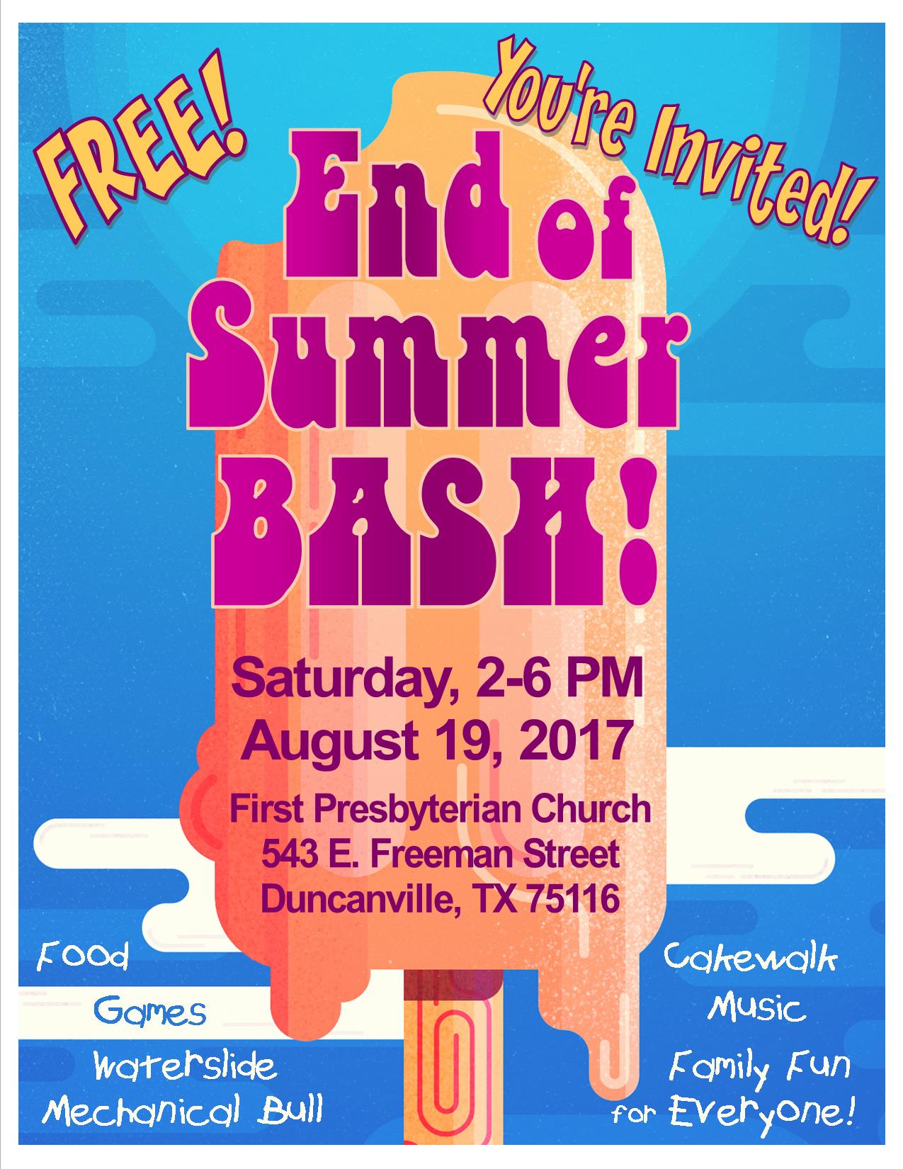 End of Summer Bash Flyer First Presbyterian Church Duncanville